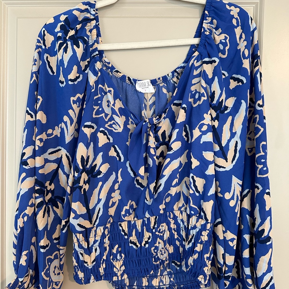Sienna Sky Blue Tie Front Ruched Blouse